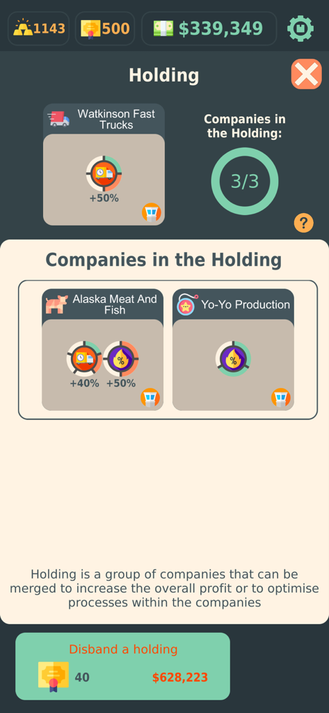 Interface showing a group of companies merged into a holding to optimize profit and processes in Stakeholder Stock Market Idle.