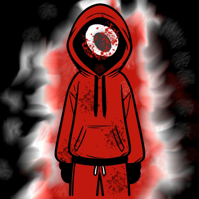 faceless girl in a tracksuit with a hood on and no hair