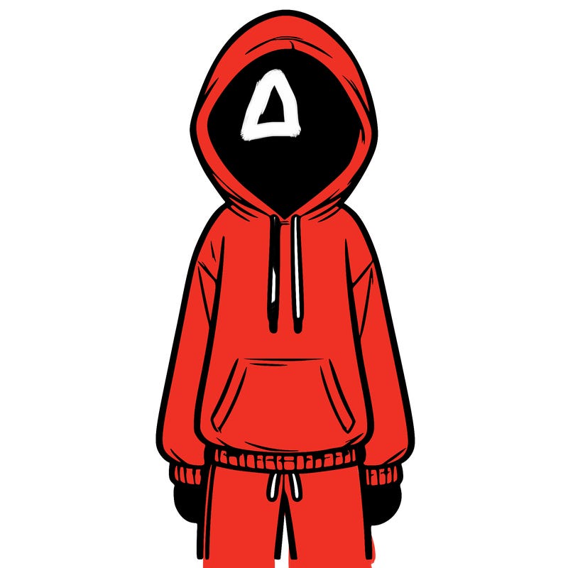 faceless girl in a tracksuit with a hood on and no hair