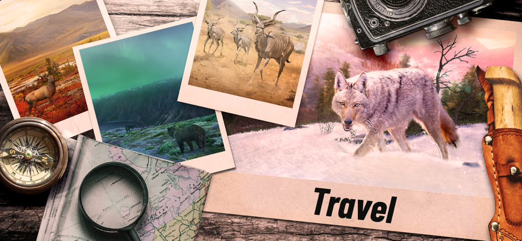 Hunting Clash: Sniper Game - Un collage de photos présentant des animaux sauvages dans différents habitats naturels comme des forêts et des savanes avec du matériel de chasse comme une boussole et un couteau.