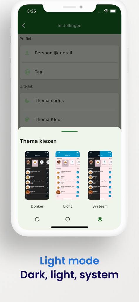 Resto Cerme - Tela do aplicativo Resto Cerme para selecionar configurações de tema claro, escuro ou do sistema