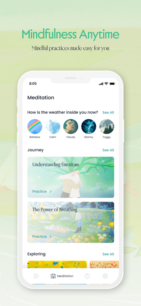 The Restful Mind app interface showing mindfulness journeys and breathing exercises.
