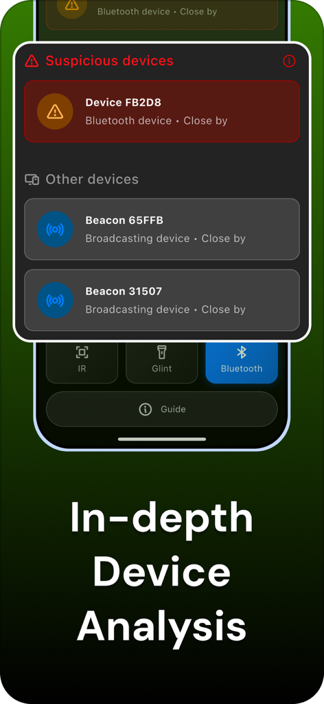 Detect Hidden Device - Interface of the Detect Hidden Device app showing a list of suspicious Bluetooth devices detected during a security scan.