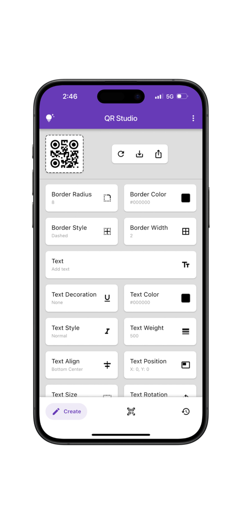 Interface of the QR Studio Pro app showing various tools to customize QR code borders and text styles.
