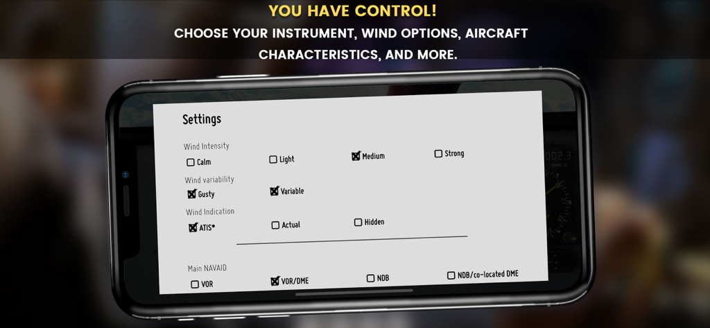 VOR Tracker - IFR Nav Trainer - Customizable wind and navigation settings in the VOR Tracker flight trainer app