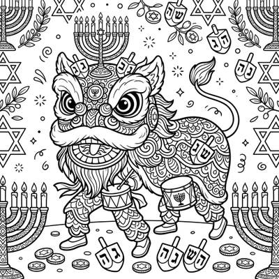 Dive into a vibrant cultural fusion with this unique Lion Dance Hanukkah coloring page! Experience the festive spirit as a lively lion dances amidst menorahs, dreidels, and Stars of David, offering a joyful and engaging artistic journey.