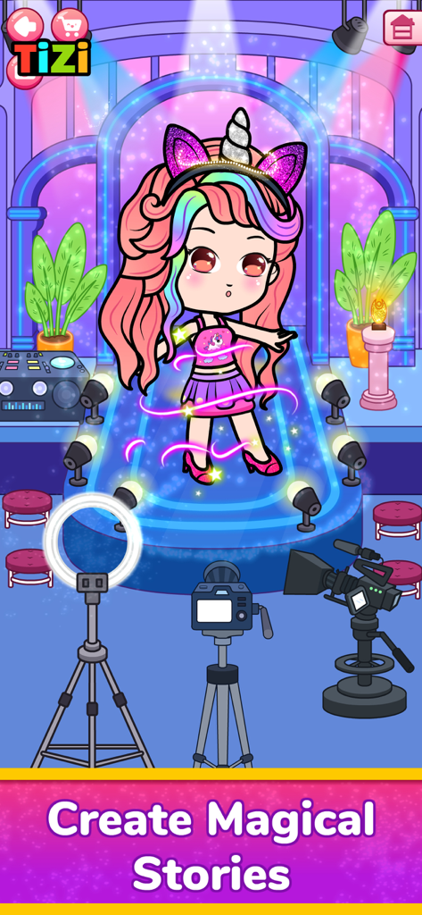 Uma boneca chibi de anime em um palco de moda com câmeras e luzes para criar histórias