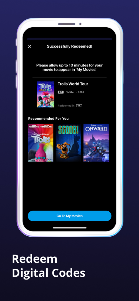 Movies Anywhere - Schermata dell'app Movies Anywhere che mostra una riscossione riuscita del codice digitale per Trolls World Tour con raccomandazioni.