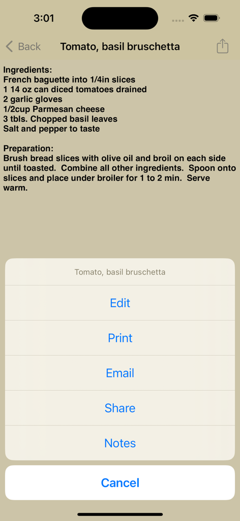 JustMyRecipes - JustMyRecipes app displaying a tomato basil bruschetta recipe with a menu overlay for editing printing emailing and sharing