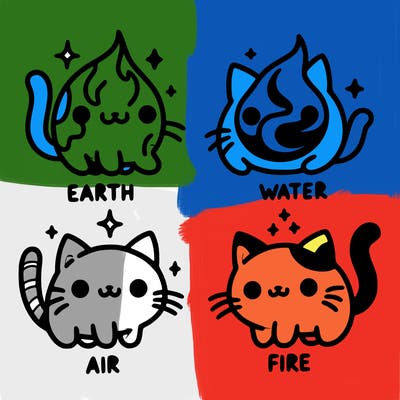 4 cats that represent the different elements, earth, water, air, and fire