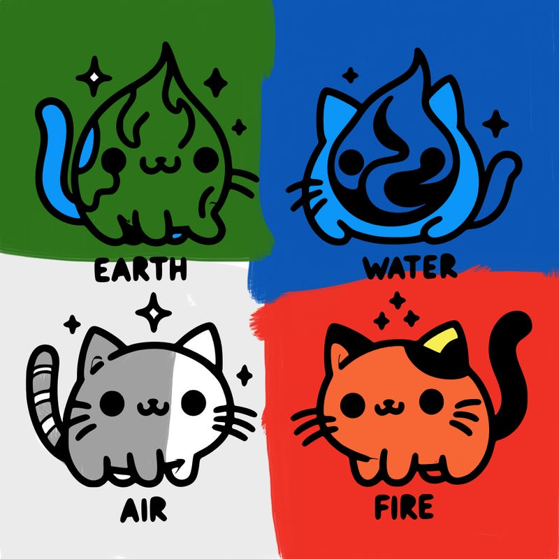 4 cats that represent the different elements, earth, water, air, and fire