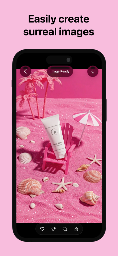 Lorean: AI Product Studio - A smartphone displaying a surreal pink beach product photo for a skincare brand created with Lorean AI