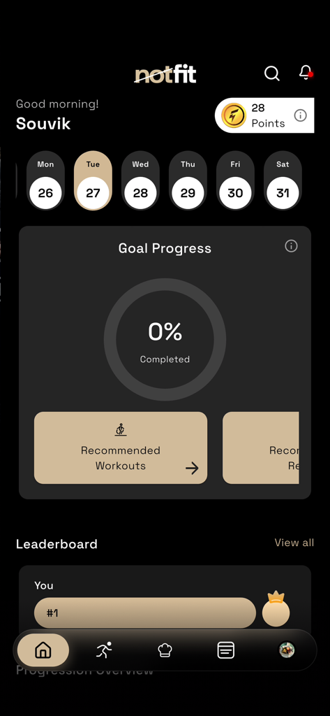 Notfit - Notfit app dashboard showing goal progress and recommended daily activities