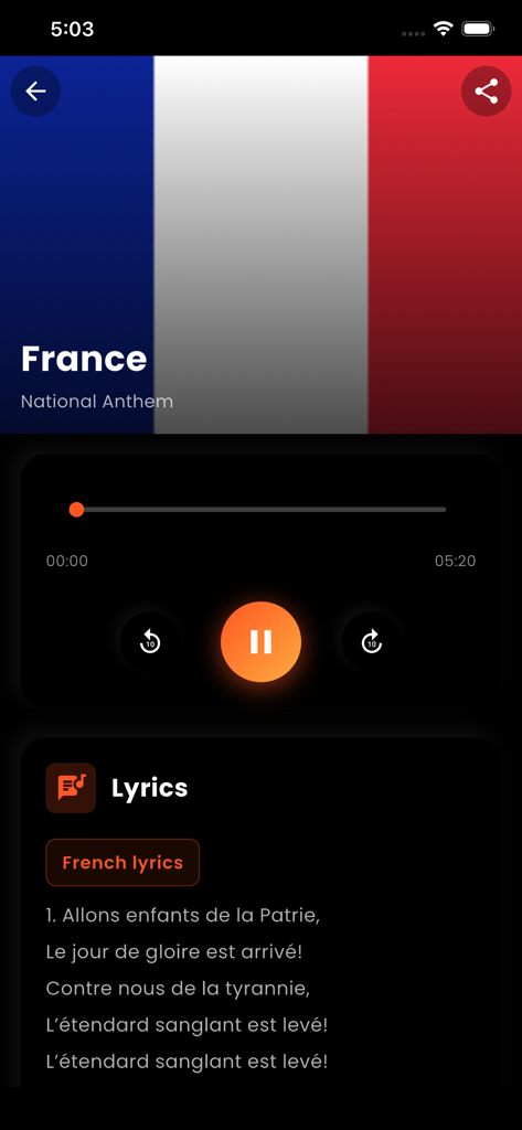 National Anthem Songs - National Anthem Songs app showing the French national anthem with flag and lyrics