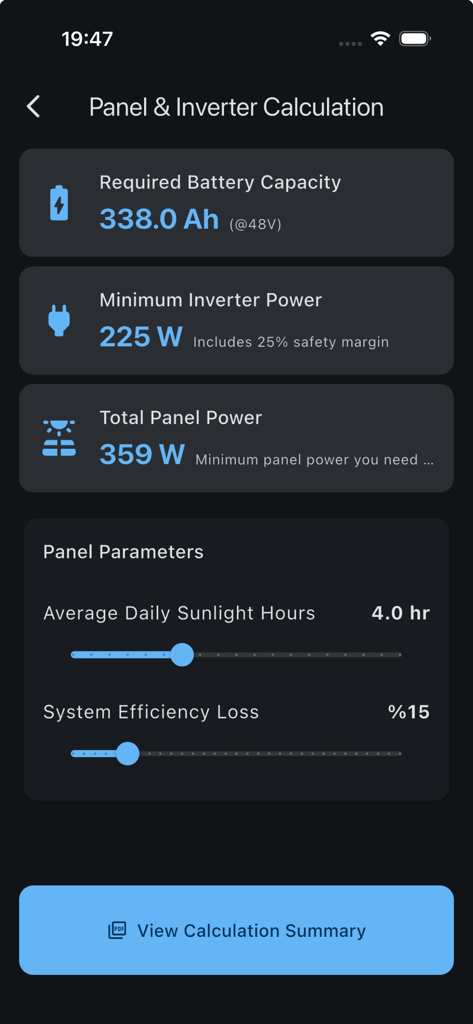 Solar panel and inverter calculation dashboard showing battery capacity and total panel power metrics