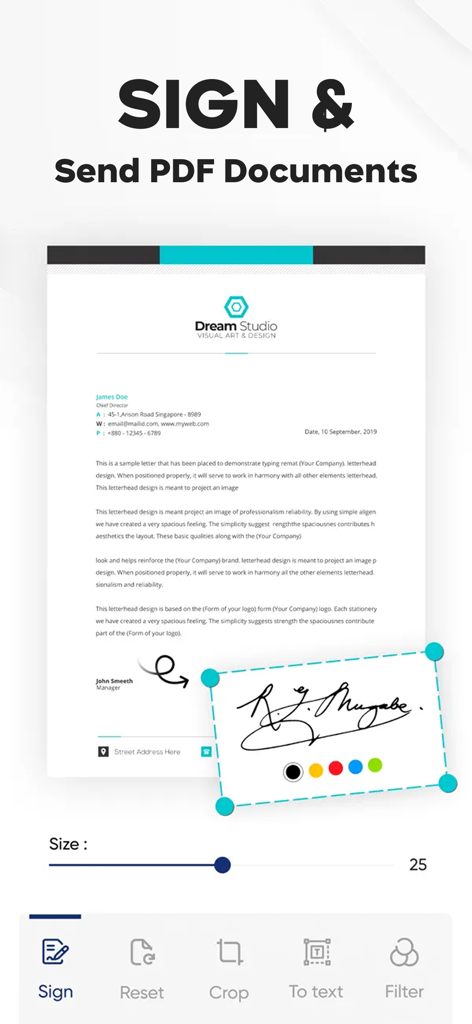 Photo to PDF Converter Doc - Interfaz móvil mostrando la adición de una firma digital a un documento PDF