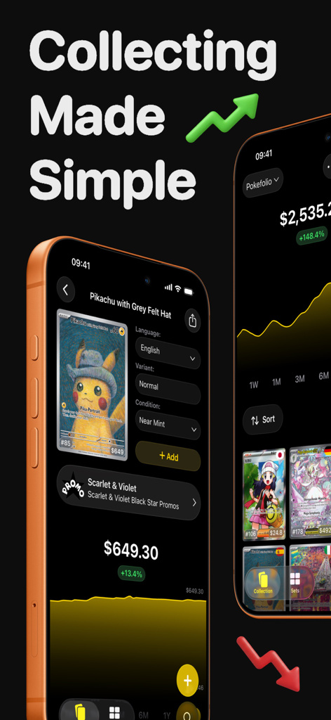 Pokefolio for Pokemon TCG - Pokefolio app interface showing Pikachu card price and collection value chart