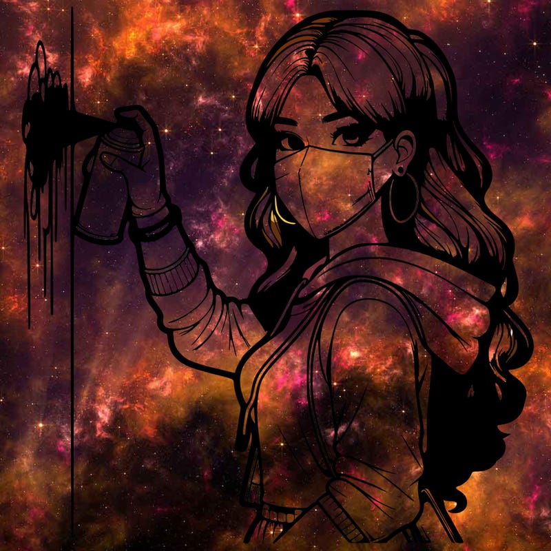 realistic girl with mask spray painting a wall