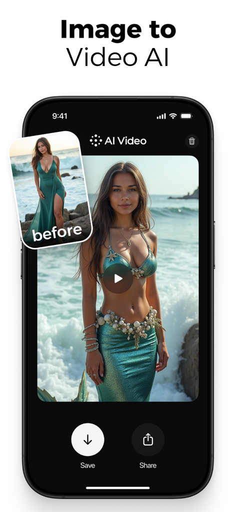 Smartphone screen displaying the AI Video app transforming a portrait photo into a cinematic mermaid video
