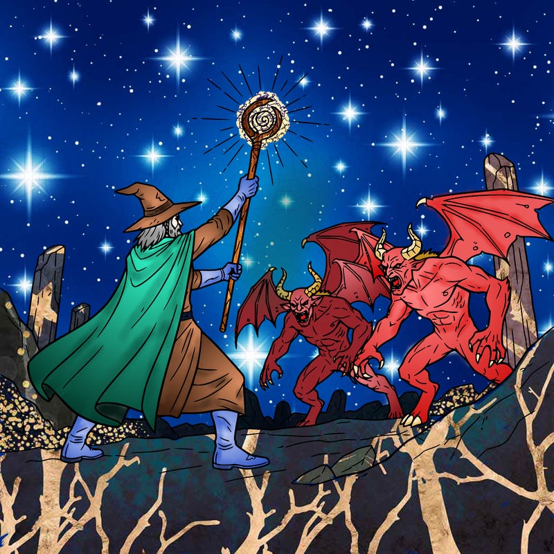 wizard holding a glowing staff aloft, facing off against a group of angry demons