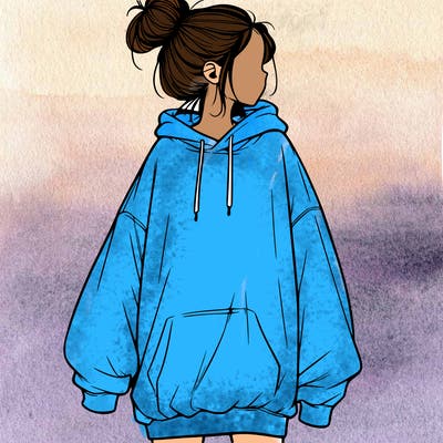 realistic girl with a oversized sweatshirt on and a bun