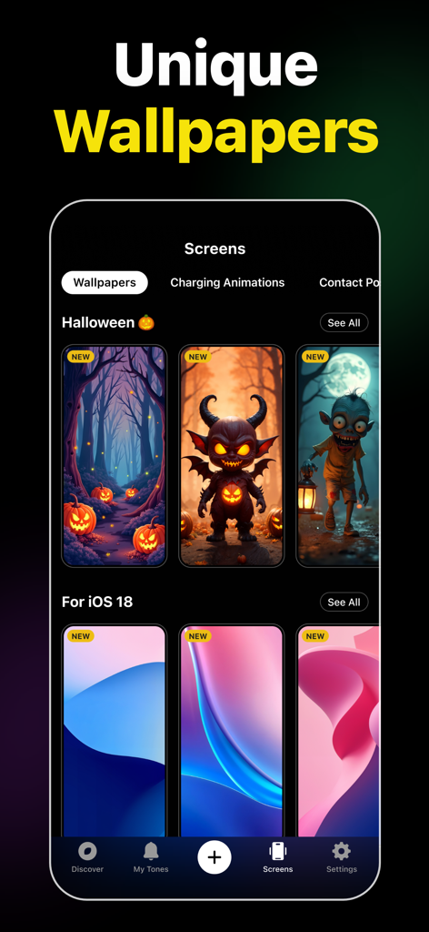 Ringtone Maker Garage app interface showing unique Halloween and iOS 18 wallpapers for iPhone