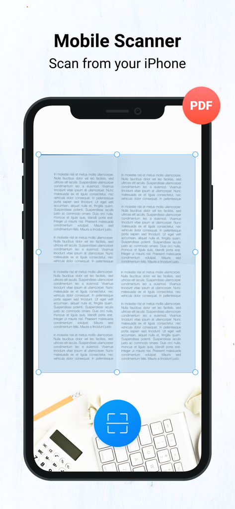 Una pantalla de iPhone que muestra la aplicación Mobile OCR Scanner capturando un documento de texto para convertirlo en un PDF