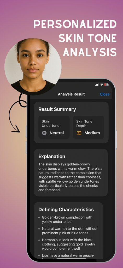 A smartphone displaying the personalized skin tone analysis feature of the iCloth app showing results for skin undertone and depth.