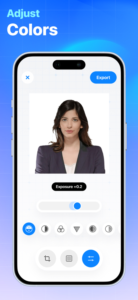 Passport Photo: ID Photo - Mobile app interface showing color and exposure adjustment tools for a professional passport photo