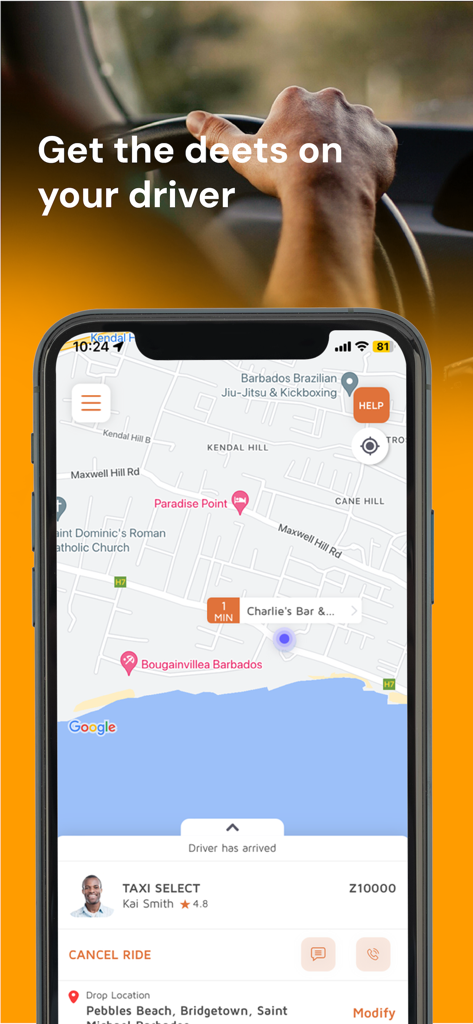 PickUp Barbados - Pantalla de smartphone de la aplicación PickUp Barbados que muestra el perfil de un conductor de taxi y un mapa GPS en tiempo real