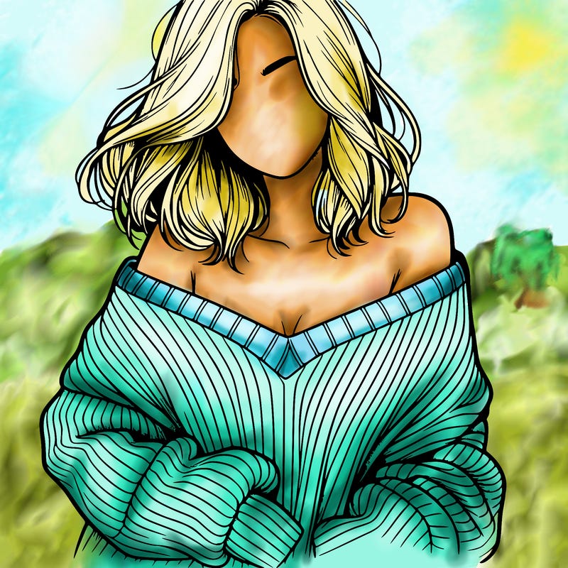 realistic girl with sweater falling off shoulders