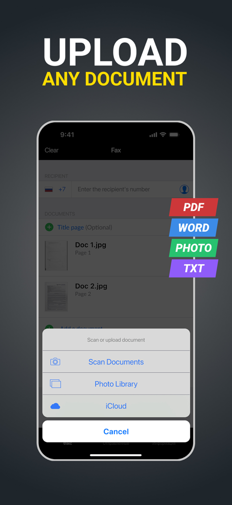 Captura de tela mostrando opções de upload de documentos para envio de fax, incluindo formatos PDF, Word e foto.