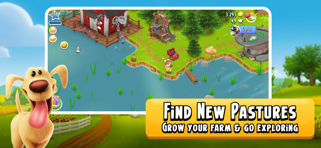 A character fishing from a dock next to a red boathouse on a farm with a cheerful dog in the foreground