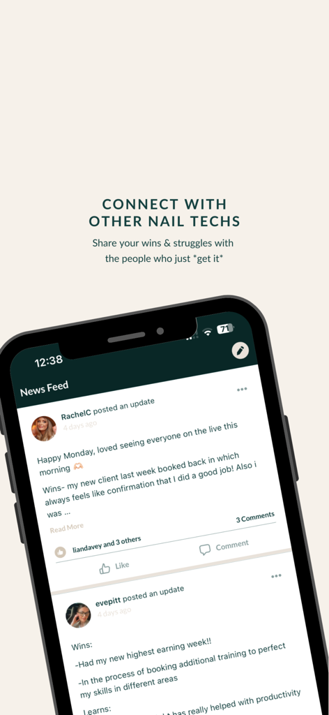 TheNailTech.org - A smartphone displaying the community news feed of The Nail Tech Org app where professional nail technicians share updates and wins.