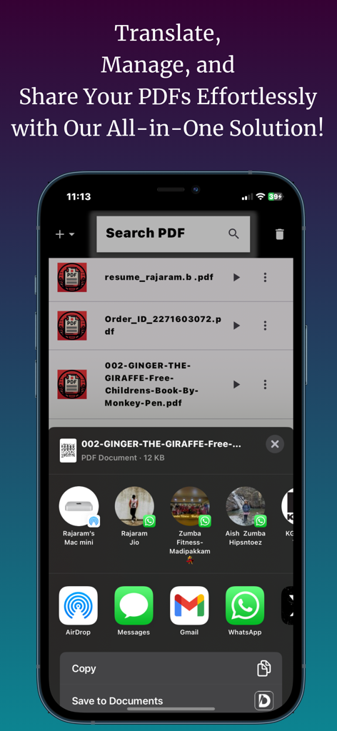 PDF Language Translator - Interface of PDF Language Translator app showing a list of documents and mobile sharing options