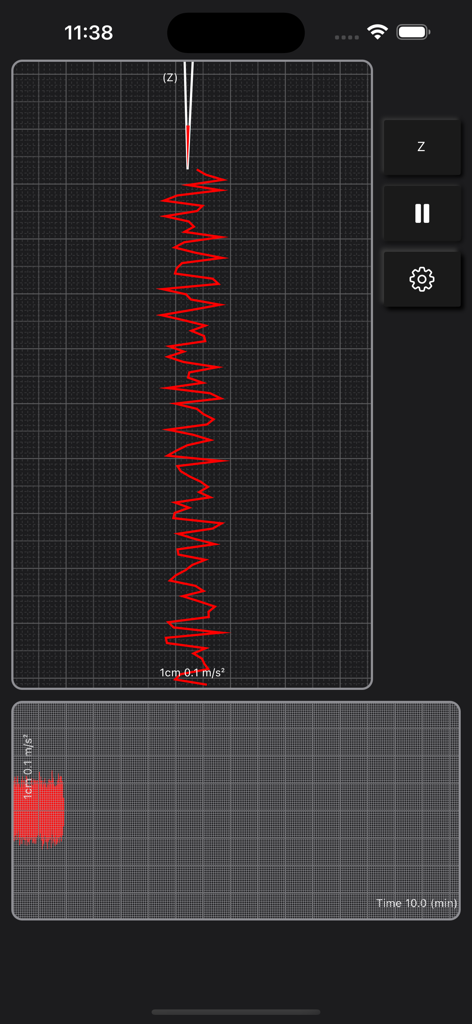 Echtzeit-Z-Achsen-Vibrationsverfolgungsdiagramm in der Seismometer plus App mit Dunkelmodus-Oberfläche.