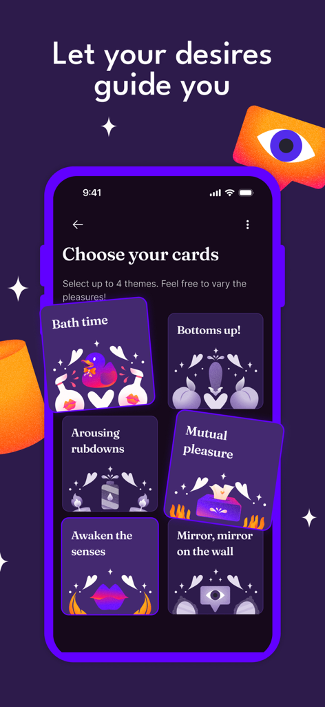 koopla - Naughty Couple Game - Écran de sélection de l'application koopla montrant différentes cartes coquines thématiques pour les couples comme le bain et le plaisir mutuel.