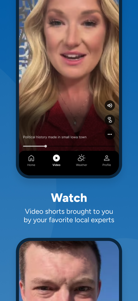 Des Moines News - We Are Iowa - Screenshot der Des Moines News App "Watch"-Funktion, die einen Videoclip eines lokalen Nachrichtensprechers zeigt