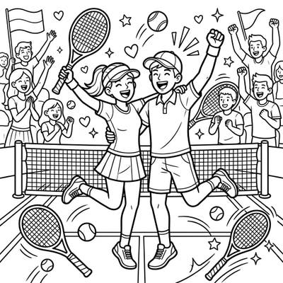 Dive into the excitement of victory with this vibrant coloring page featuring tennis players in full celebration. Perfect for sports enthusiasts, this printable captures the thrilling moment of a well-deserved win.