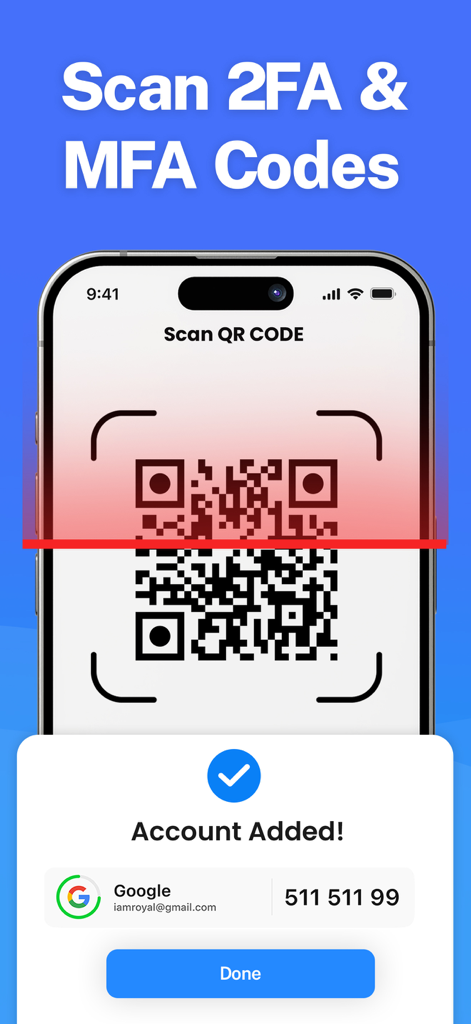 Interface de l'Application Authentificatrice scannant un code QR pour ajouter un compte 2FA