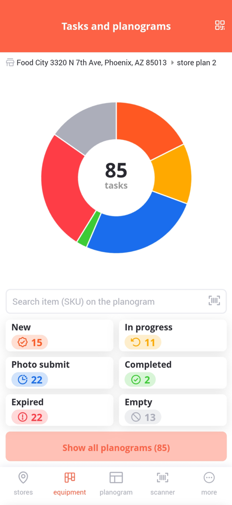 ABM Shelf mobile app dashboard showing a donut chart of retail merchandising tasks and planogram statuses for a store location
