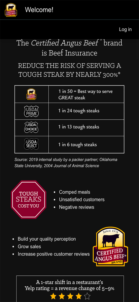 Brand Dashboard - Screen from the Brand Dashboard app comparing Certified Angus Beef quality to USDA grades and its impact on restaurant revenue