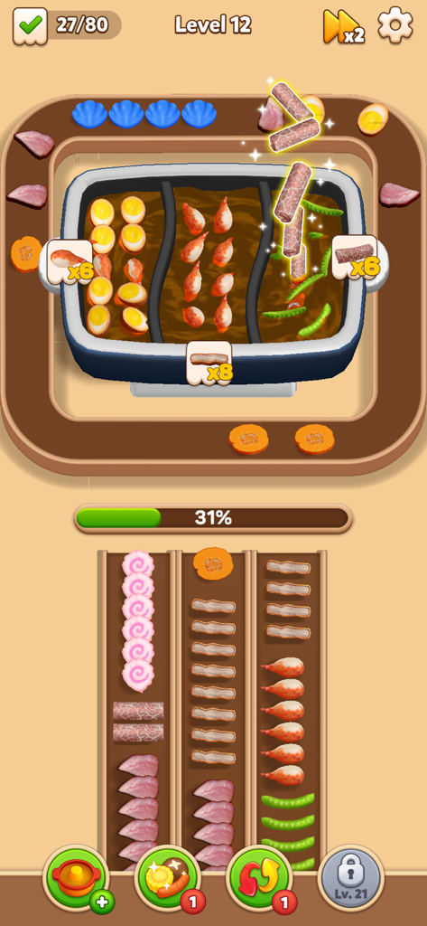 A colorful mobile game screen showing various food ingredients like meat and shrimp being sorted into a divided hot pot