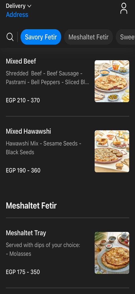 Fetiret Dina Farms - Menu screen of the Fetiret Dina Farms app showing savory Egyptian fetir and meshaltet options with prices