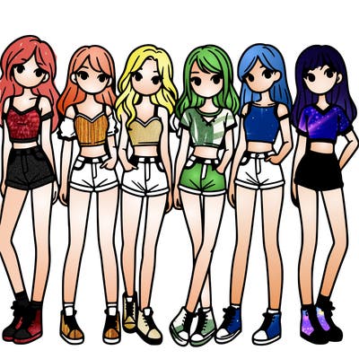 a group of girls wearing crop tops and shorts