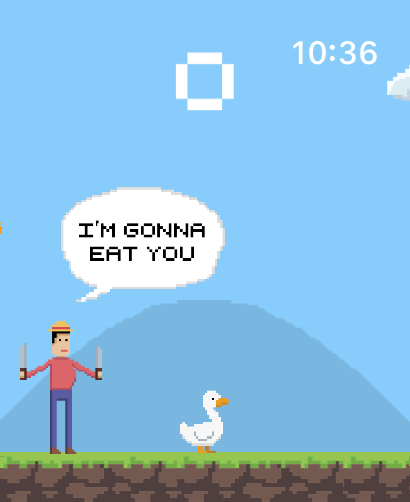 Pixel art scene of an evil farmer with knives threatening a naughty duck