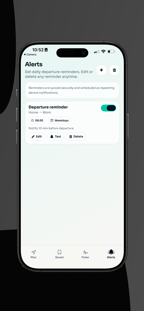 Oberfläche der Adelaide Bus und Train Tracker App, die den Bildschirm für Abfahrtsbenachrichtigungen und Erinnerungen anzeigt