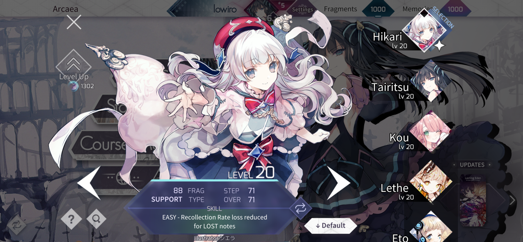 Arcaea character selection menu showing Hikari and other partner characters