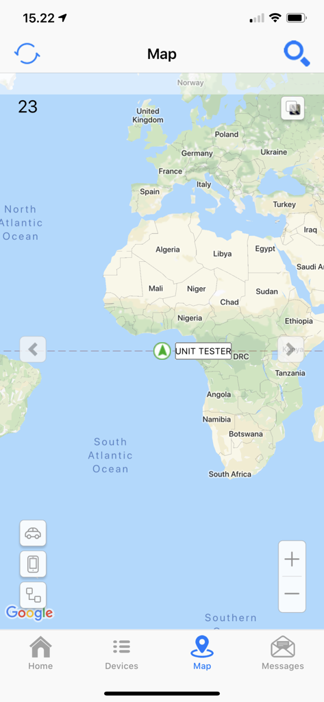 Hitech - Hitech 앱 지도 인터페이스에 전 세계 지도에서 유닛 테스터 장치의 실시간 위치가 표시됩니다.