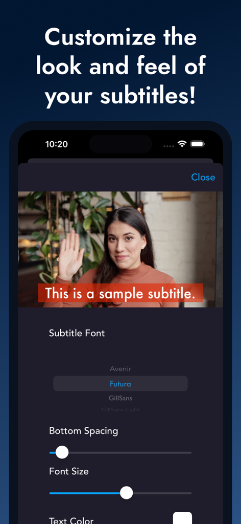 Translate Add Subtitles Video - 動画編集用の字幕カスタマイズツールを示すスマートフォンの画面